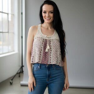 Abercrombie & Fitch ✦ Cream Burgundy Floral Lace Crop Tank ✦ Tassel Tie XS